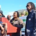 Judith De Four-Howard, K8 teacher (Crotona Park West), Coalition for Educational Justice rep. With Alden Nesbitt (right) of T&T