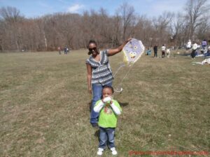A mom and her son at the kite flying event in Washington DC Metro area