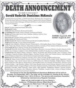 Death Announcement - Gerald Roderick Stanislaus McKenzie