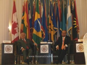 Sir Shridath Ramphal with Ambassador Albert Ramdin, Assistant Secretary General, OAS