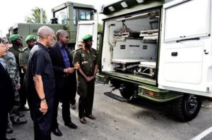 President David Granger and Chief of Staff of the GDF, Brigadier Patrick West inspect one of the off-road ambulances