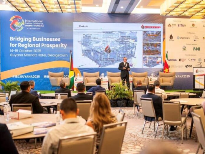 The Chairman of Lindsayca Nelson Drake, during his presentation at the IBC held at the Guyana Marriott Hotel.