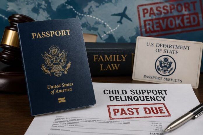 U.S. passport rests beside legal and financial documents, symbolizing the growing connection between international travel privileges and child support enforcement policies