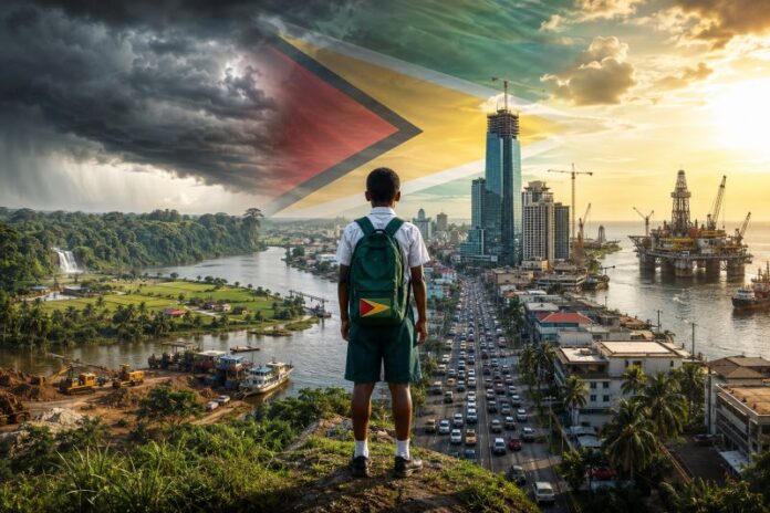Guyanese schoolchild wearing a school uniform stands looking toward Georgetown